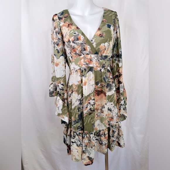 Betsey Johnson Dresses & Skirts - Betsy Johnson Boho Olive Green Floral Ruffle Mini Dress Bell Sleeves Size 8